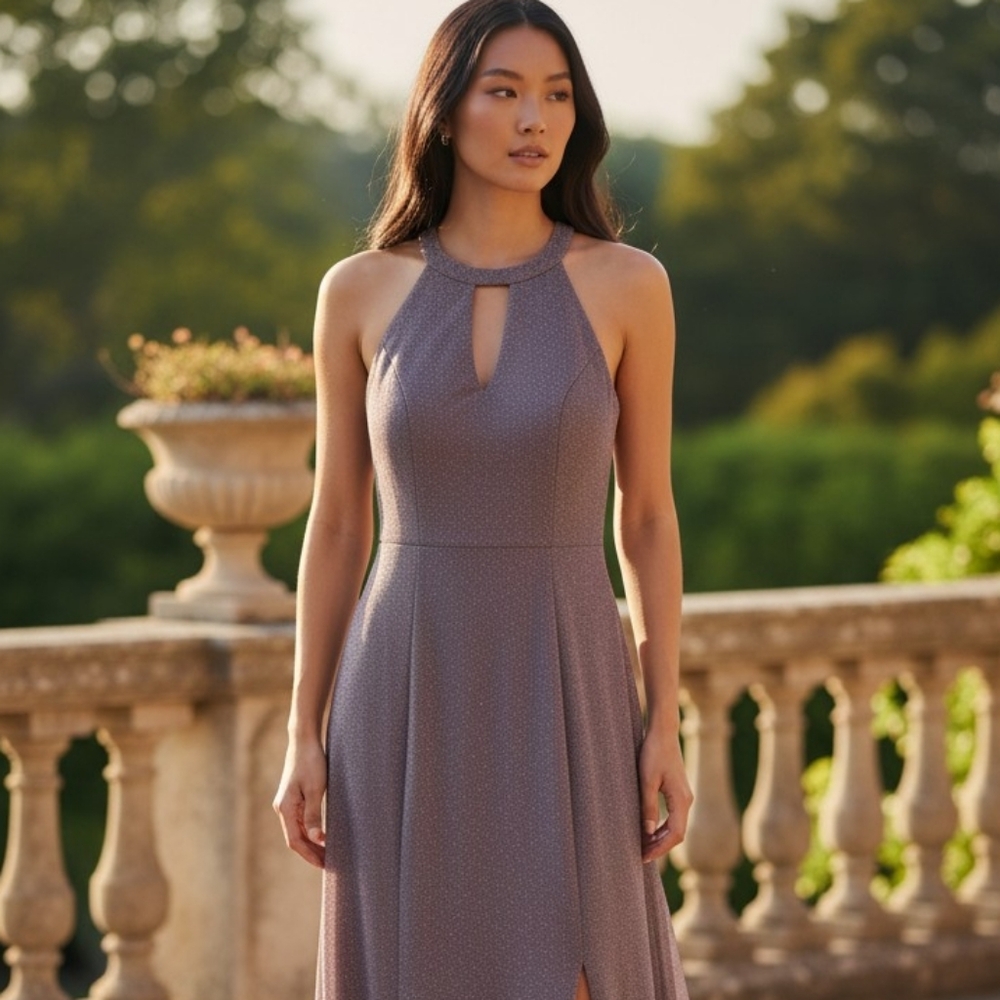 J&M Richards Nightway Champagne Formal Gown Choker Metallic Maxi Dress Tall